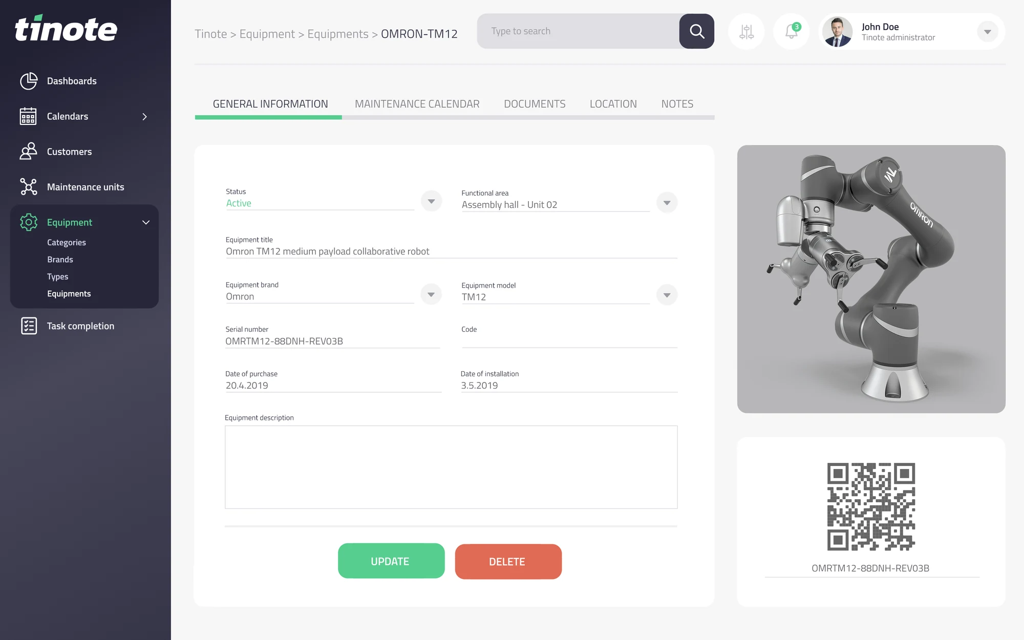 Karta zařízení v aplikaci TINOTE — parametry, fotografie a QR kód