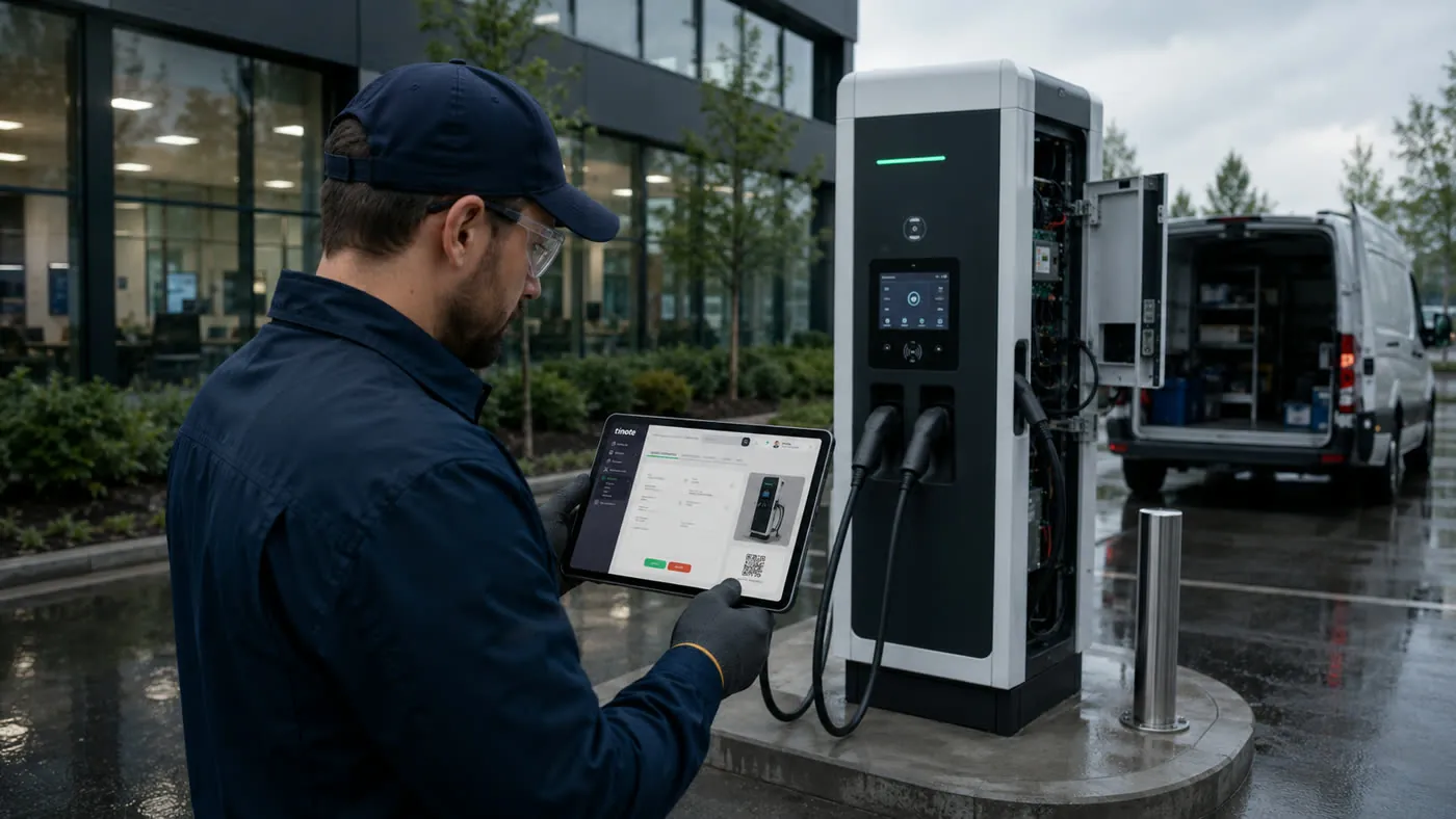 Technik načítá QR kód zařízení do mobilní aplikace