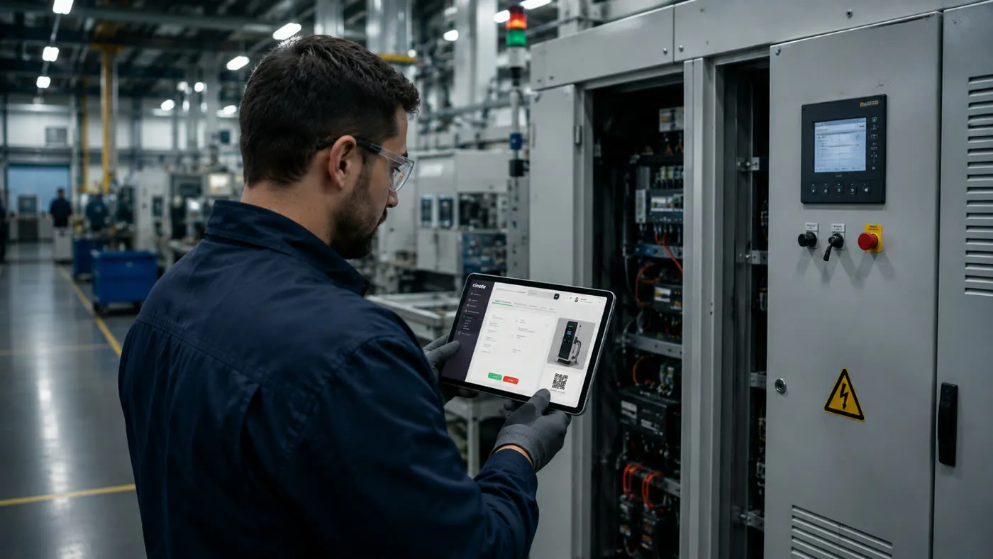 Servisní technik zapisuje zásah do tabletu přímo u rozvaděče
