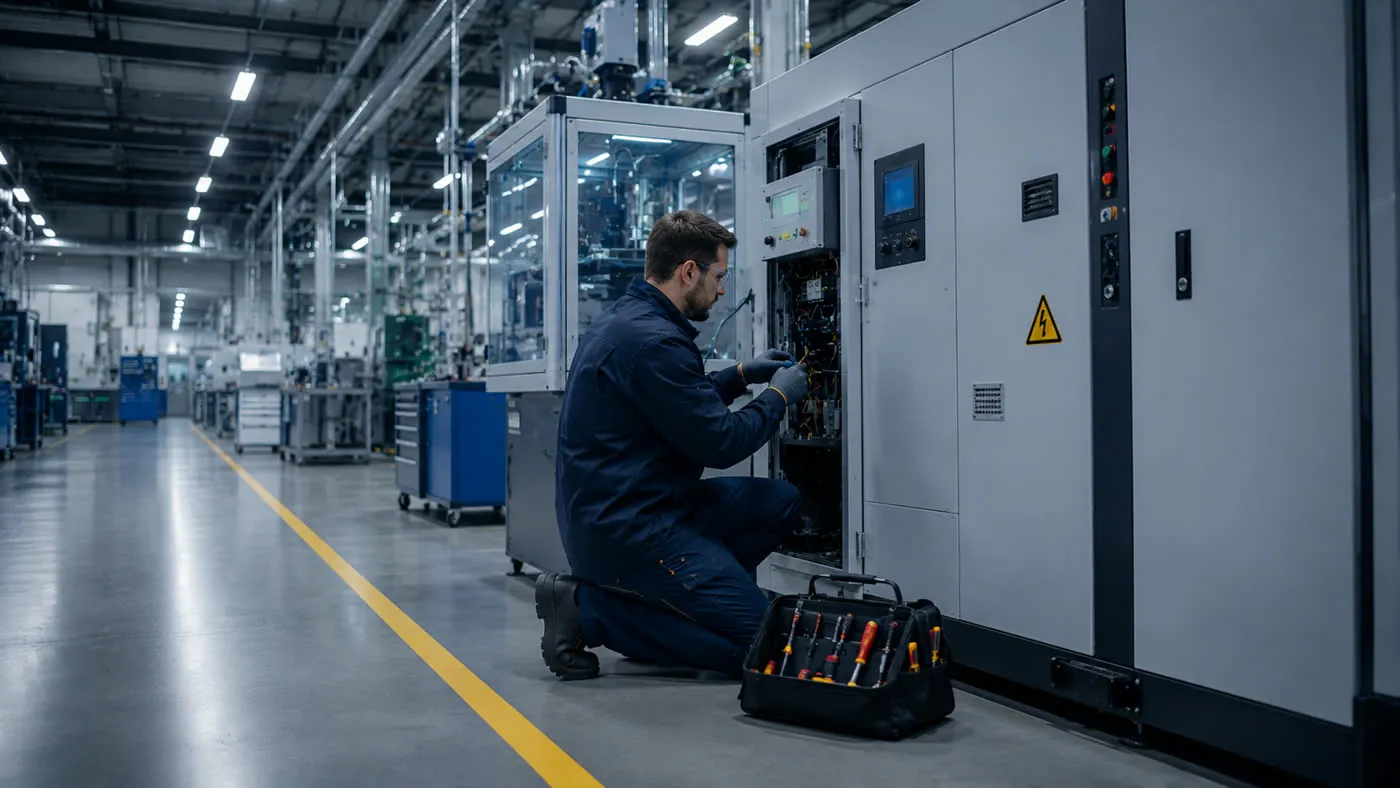 Technik při servisním zásahu na výrobní lince