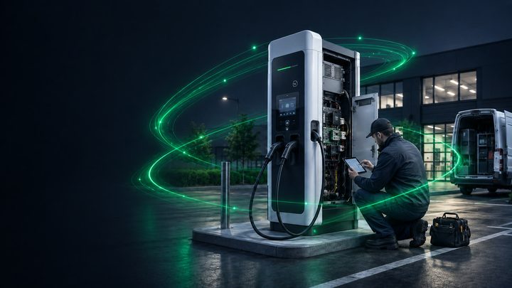 A technician at a charging station with the equipment recorded in TINOTE
